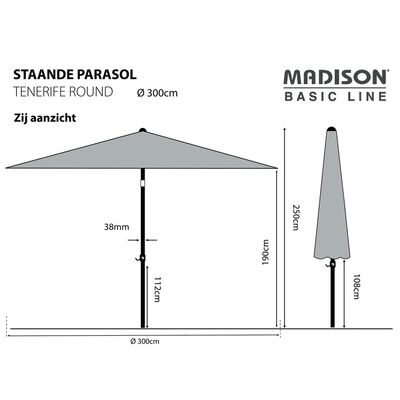 Madison Umbrelă de soare de grădină Tenerife, gri, 300 cm, rotundă