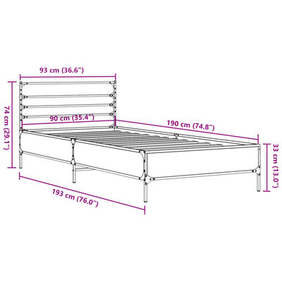 vidaXL Cadru de pat, stejar sonoma, 90x190 cm, lemn prelucrat și metal