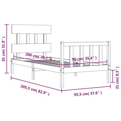 vidaXL Cadru de pat cu tăblie, alb, 90x200 cm, lemn masiv