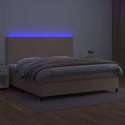 vidaXL Pat cu arcuri, cu saltea și LED cappuccino 200x200 cm piele eco