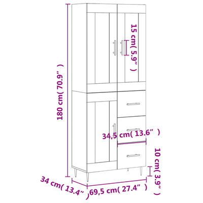 vidaXL Dulap înalt, gri beton, 69,5x34x180, lemn compozit