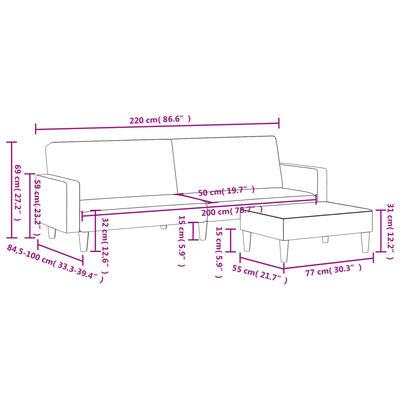 vidaXL Canapea extensibilă cu taburet, 2 locuri, gri deschis, textil