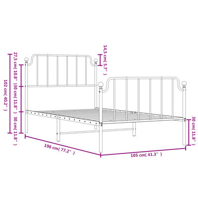 vidaXL Cadru pat metalic cu tăblii de cap/picioare  negru, 100x190 cm