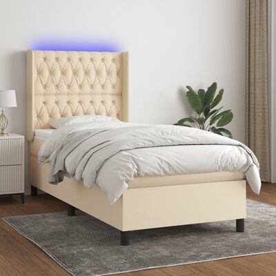 vidaXL Pat cu arcuri, saltea și LED, crem, 90x190 cm, textil