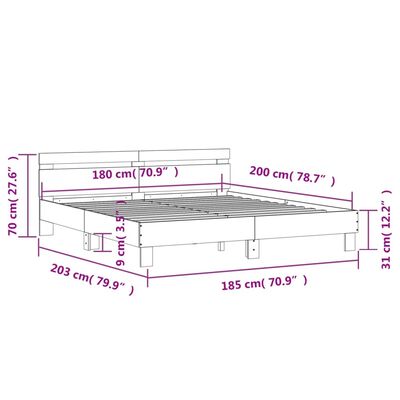 vidaXL Cadru de pat cu tăblie și LED, gri beton, 180x200 cm