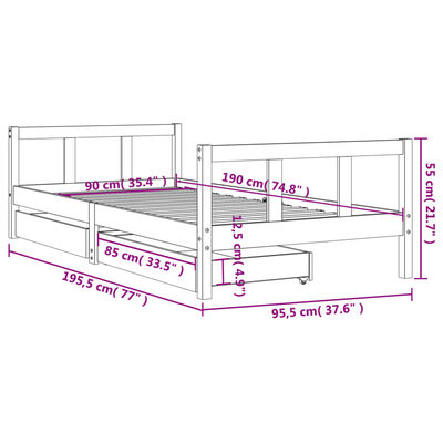 vidaXL Cadru de pat pentru copii cu sertare, 90x190 cm, lemn masiv pin