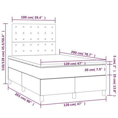 vidaXL Pat cu arcuri, saltea și LED, gri, 120x200 cm, piele ecologică