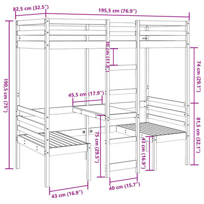 vidaXL Cadru pat etajat, birou/scaune, alb, 75x190 cm, lemn masiv pin