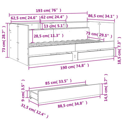 vidaXL Pat de zi cu sertare fără saltea, gri sonoma, 75x190 cm