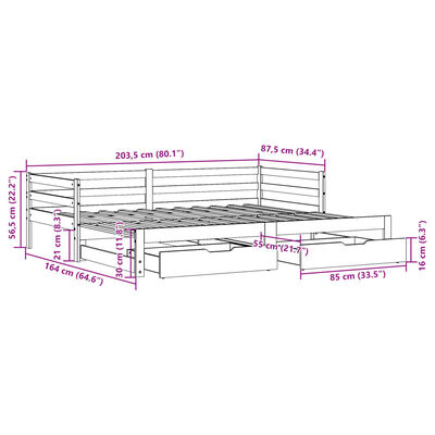 vidaXL Pat de zi cu extensie/sertare, alb, 80x200 cm, lemn masiv pin