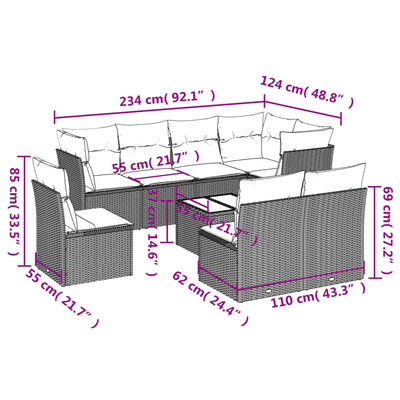 vidaXL Set mobilier de grădină cu perne, 9 piese, negru, poliratan