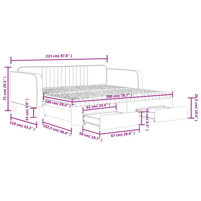 vidaXL Pat de zi cu extensie și sertare gri deschis 100x200 cm catifea