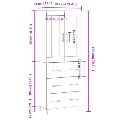 vidaXL Dulap înalt, gri sonoma, 69,5x34x180 cm, lemn compozit