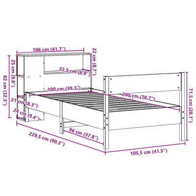 vidaXL Pat cu bibliotecă fără saltea, alb, 100x200 cm, lemn masiv pin