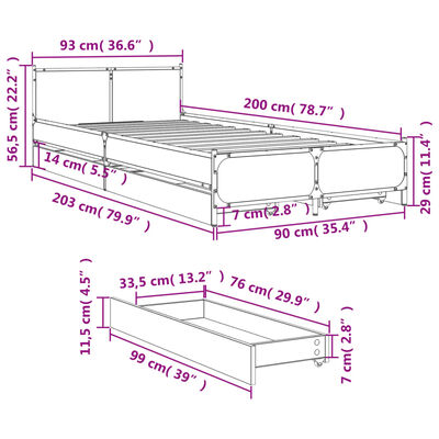 vidaXL Cadru de pat cu sertare, negru, 90x200 cm, lemn prelucrat