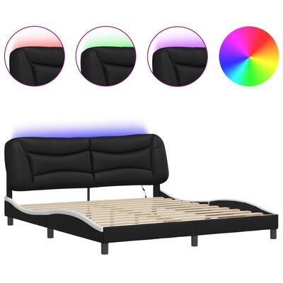 vidaXL Cadru de pat cu LED, negru și alb, 180x200 cm, piele ecologică