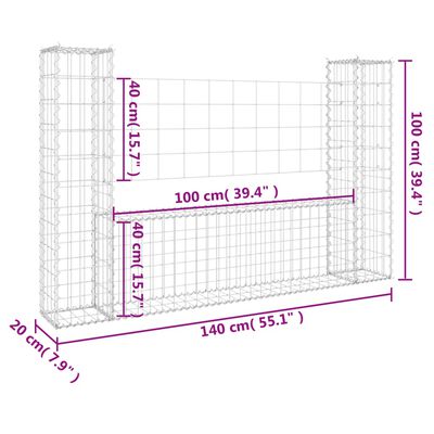 vidaXL Coș de gabion în formă de U, 2 stâlpi, 140x20x100 cm, fier