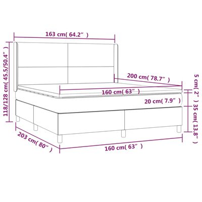 vidaXL Pat cu arcuri, saltea și LED, bleumarin, 160x200 cm, catifea