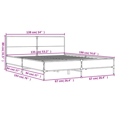 vidaXL Cadru de pat, stejar afumat 135x190 cm lemn prelucrat și metal