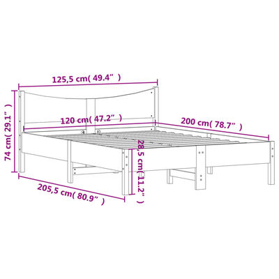 vidaXL Cadru de pat fără saltea, alb, 120x200 cm, lemn masiv pin