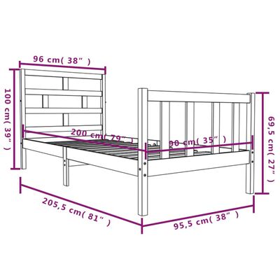 vidaXL Cadru de pat, negru, 90x200 cm, lemn masiv de pin