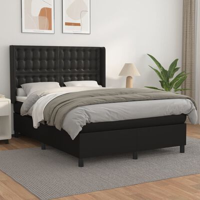 vidaXL Pat box spring cu saltea, negru, 140x200 cm, piele ecologică