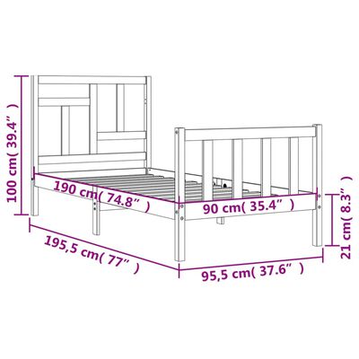 vidaXL Cadru de pat cu tăblie single, alb, lemn masiv