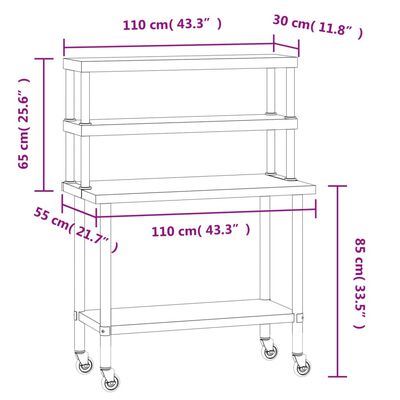 vidaXL Masă bucătărie cu raft superior, 110x55x150 cm, oțel inoxidabil