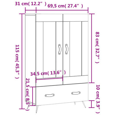 vidaXL Dulap înalt, negru, 69,5x31x115 cm, lemn prelucrat