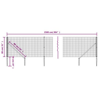 vidaXL Gard plasă de sârmă cu țăruși de fixare, antracit, 0,8x25 m