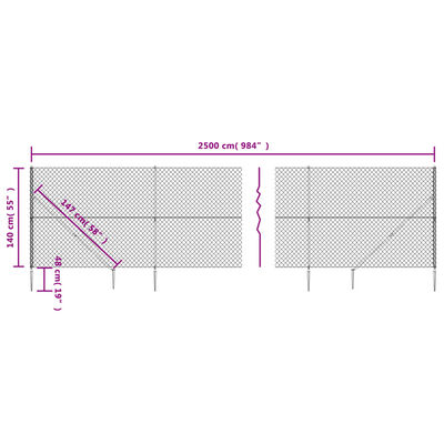 vidaXL Gard plasă de sârmă cu țăruși de fixare, argintiu, 1,4x25 m