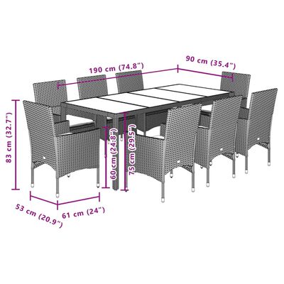 vidaXL Set mobilier grădină perne 9 piese negru poliratan/lemn acacia