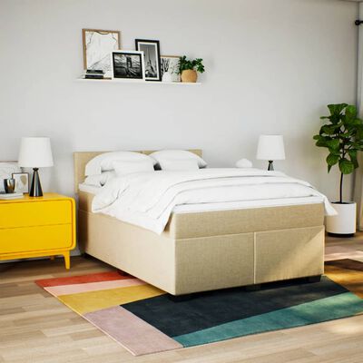 vidaXL Pat box spring cu saltea, crem, 160x200 cm, material textil