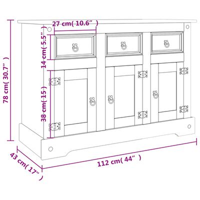 vidaXL Servantă Corona, gri, 112x43x78 cm, lemn masiv de pin mexican