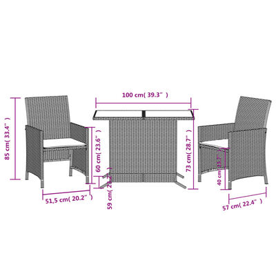 vidaXL Set bistro cu perne, 3 piese, bej combinat, poliratan