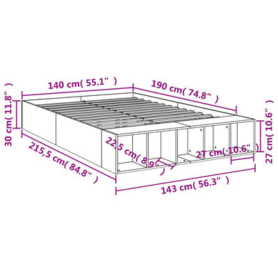 vidaXL Cadru de pat, gri sonoma, 140x190 cm, lemn prelucrat