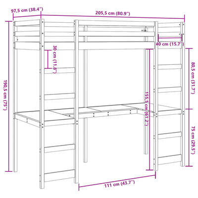 vidaXL Cadru pat supraetajat cu birou, 90x200 cm, lemn masiv de pin