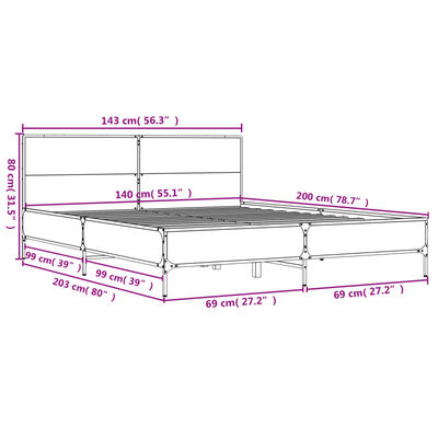 vidaXL Cadru de pat, gri sonoma, 140x200 cm, lemn prelucrat și metal