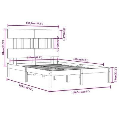 vidaXL Cadru de pat dublu, negru, 135x190 cm, lemn masiv