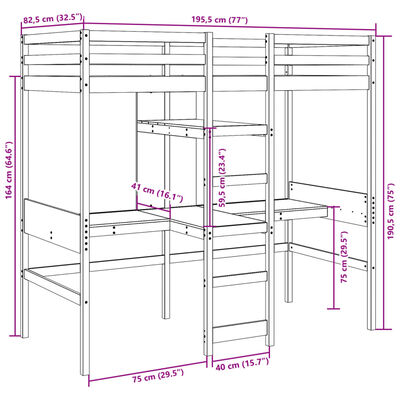 vidaXL Cadru de pat supraetajat fără saltea, 75x190 cm, lemn masiv pin