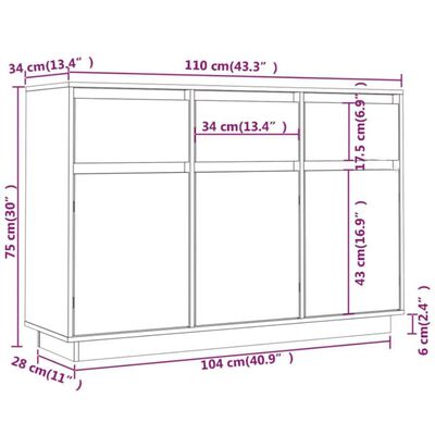 vidaXL Servantă, negru, 110x34x75 cm, lemn masiv de pin