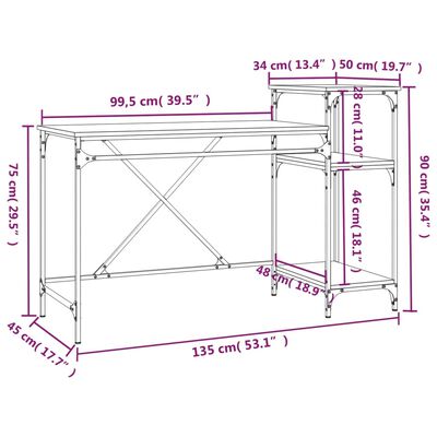 vidaXL Birou cu rafturi, stejar sonoma 135x50x90 cm lemn compozit/fier