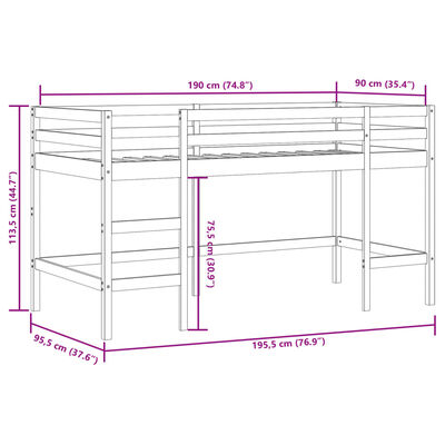 vidaXL Pat etajat de copii perdele, alb/negru 90x190 cm lemn masiv pin