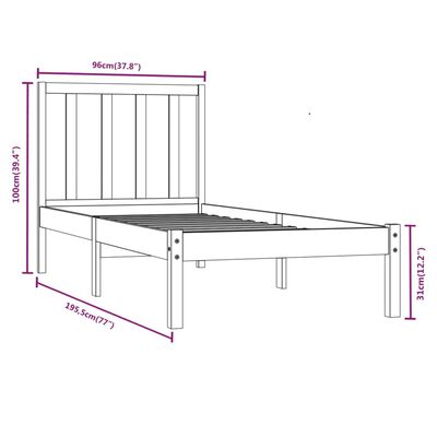 vidaXL Cadru de pat single, alb, 90x190 cm, lemn masiv de pin