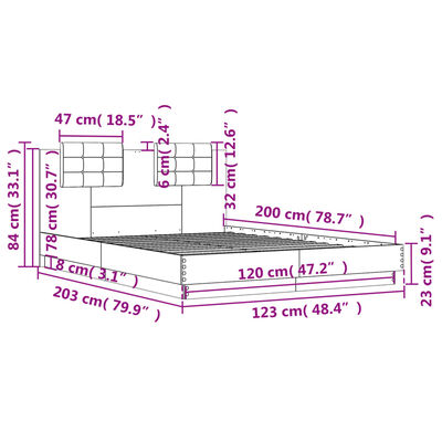 vidaXL Cadru de pat cu tăblie și lumini LED, stejar sonoma, 120x200 cm