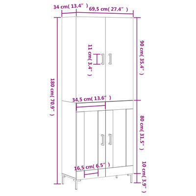 vidaXL Dulap înalt, gri sonoma, 69,5x34x180 cm, lemn compozit