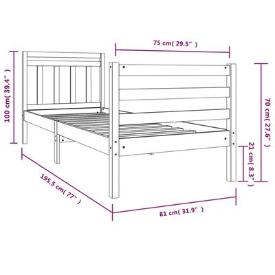 vidaXL Cadru de pat mic single, 75x190 cm, lemn masiv