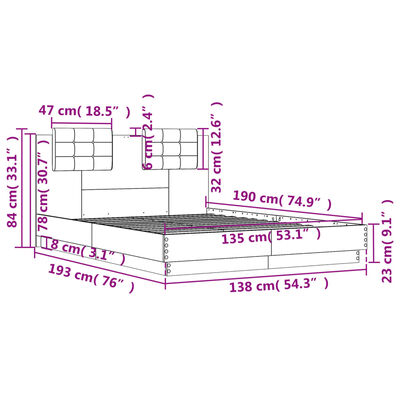 vidaXL Cadru de pat cu tăblie, gri sonoma, 135x190 cm, lemn prelucrat