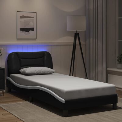 vidaXL Cadru de pat cu lumini LED negru/alb 90x190 cm piele ecologică