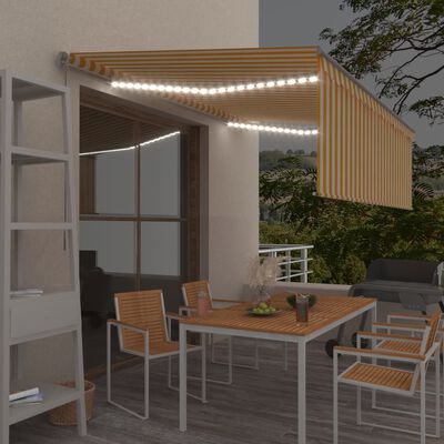 vidaXL Copertină retractabilă manual cu stor&LED, galben&alb, 4,5x3 m